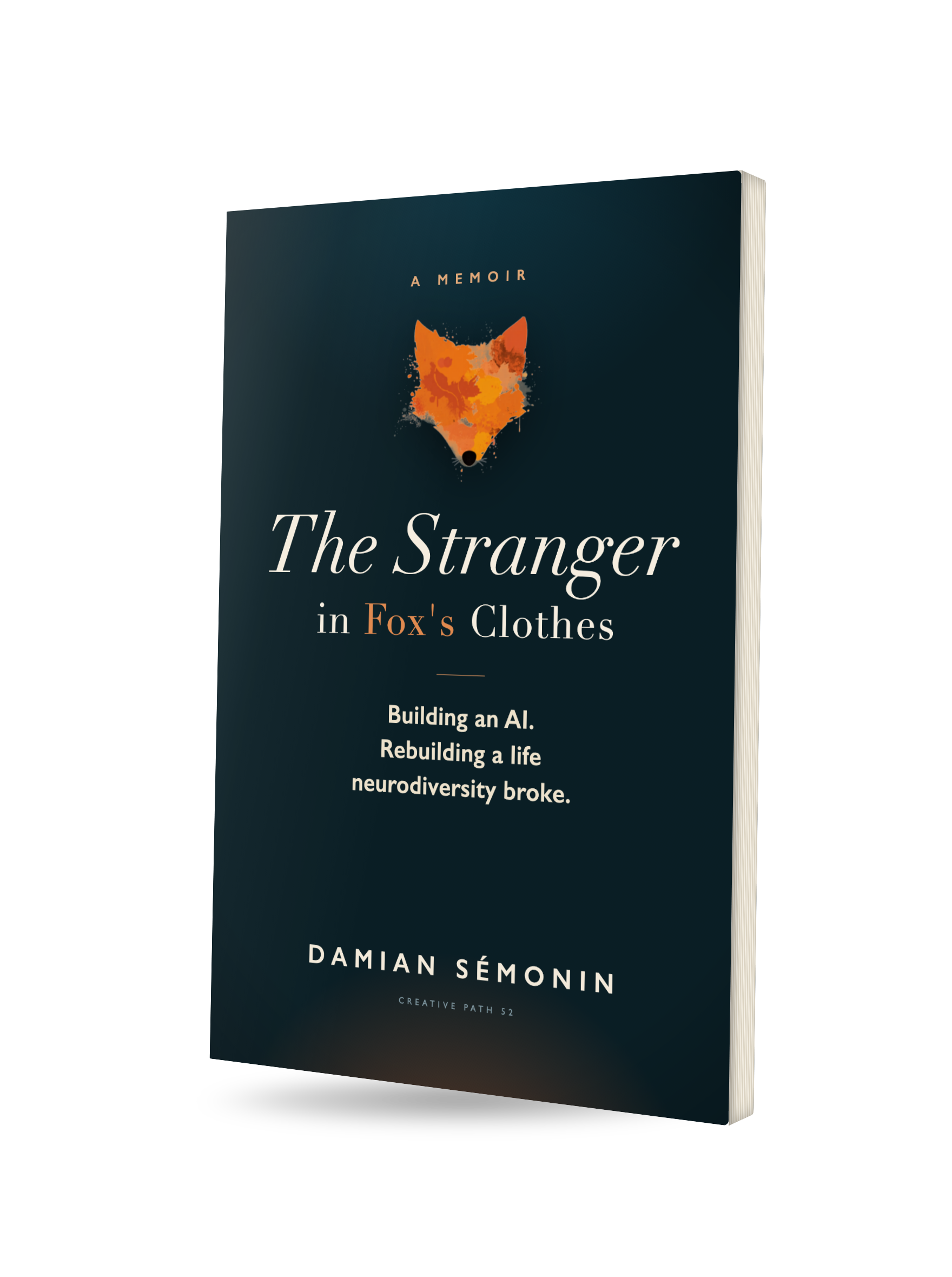 The Stranger in Fox&rsquo;s Clothes — a book by Damian S&eacute;monin, shown as a 3D paperback