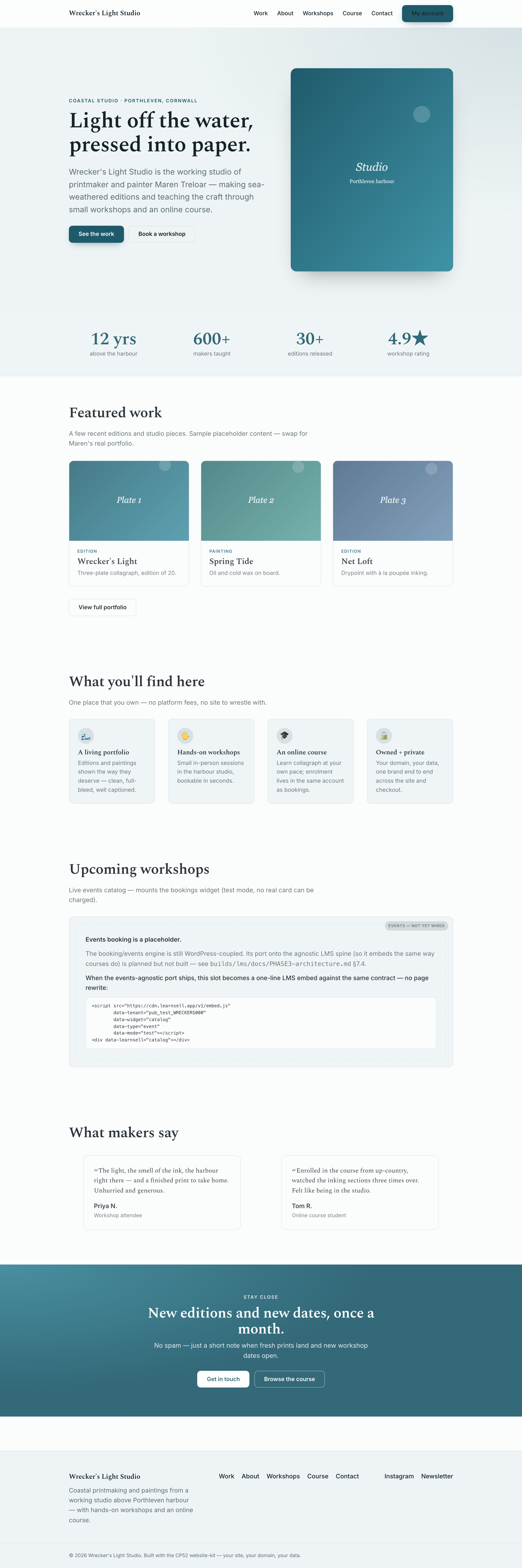 Wrecker's Light example design, home page: coastal studio brand in a teal palette, ships light and dark themes